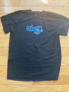 OBEY Spell Out by Shepard Fairey Mens Black Blue White Graphic Tee sz M